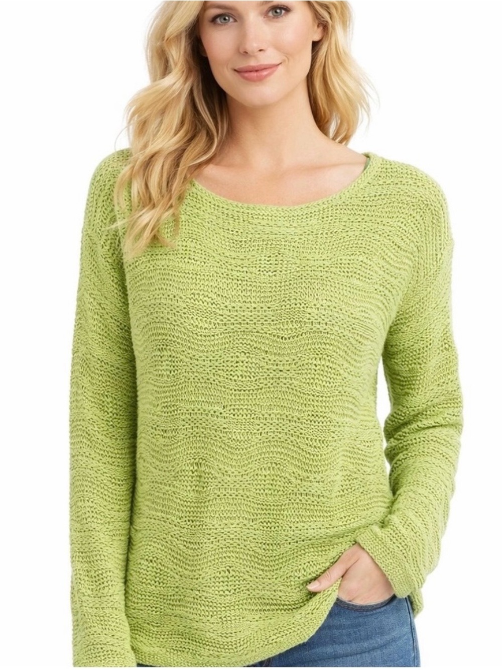 J.Jill key lime green lightweight crochet knit long sleeve sweater top small